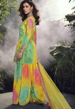 Embroidered Chinon Silk Pakistani Suit in Yellow and Multicolor