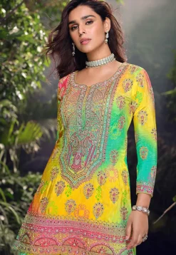Embroidered Chinon Silk Pakistani Suit in Yellow and Multicolor