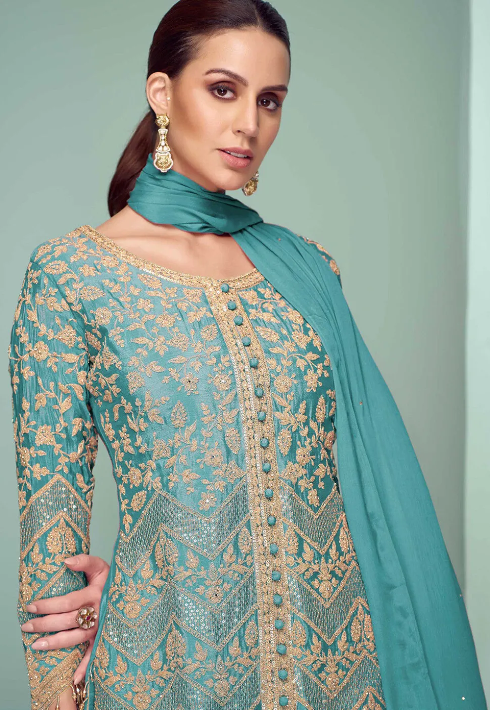 Embroidered Chinon Silk Pakistani Suit in Blue