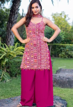 Embroidered Chinon Silk Pakistani Suit in Fuchsia