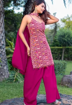 Embroidered Chinon Silk Pakistani Suit in Fuchsia