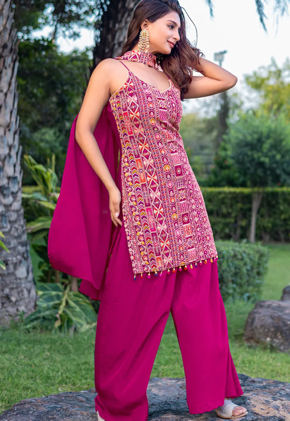 Embroidered Chinon Silk Pakistani Suit in Fuchsia