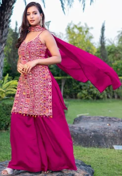 Embroidered Chinon Silk Pakistani Suit in Fuchsia
