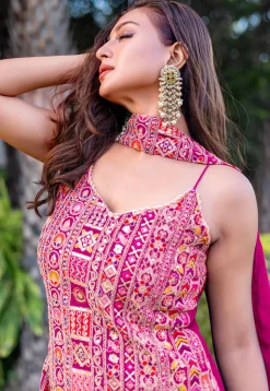 Embroidered Chinon Silk Pakistani Suit in Fuchsia