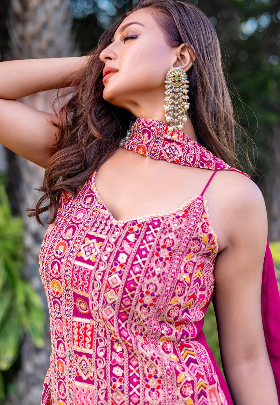 Embroidered Chinon Silk Pakistani Suit in Fuchsia