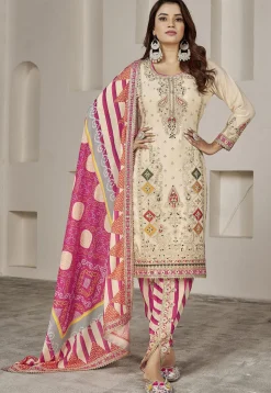 Embroidered Chinon Silk Punjabi Suit in Cream