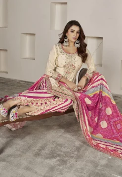 Embroidered Chinon Silk Punjabi Suit in Cream