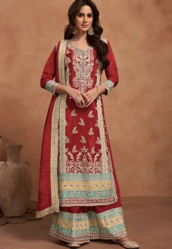 Embroidered Chinon Silk Pakistani Suit in Maroon