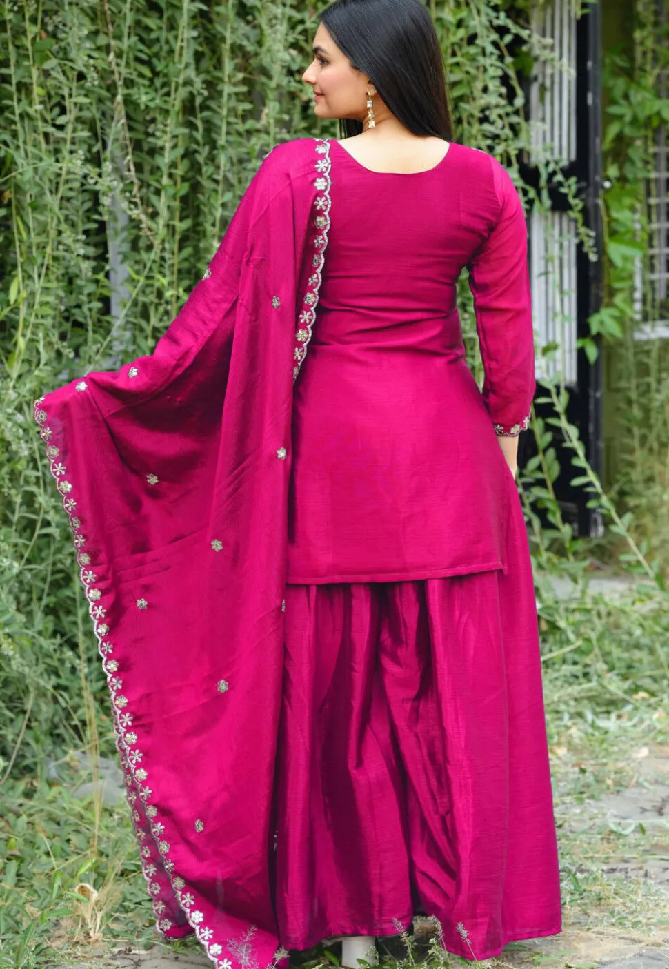 Embroidered Chinon Silk Pakistani Suit in Fuschia