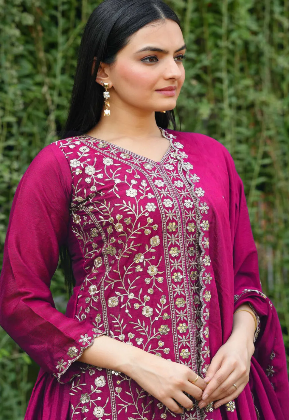 Embroidered Chinon Silk Pakistani Suit in Fuschia