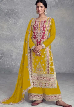 Embroidered Chinon Silk Pakistani Suit in Mustard