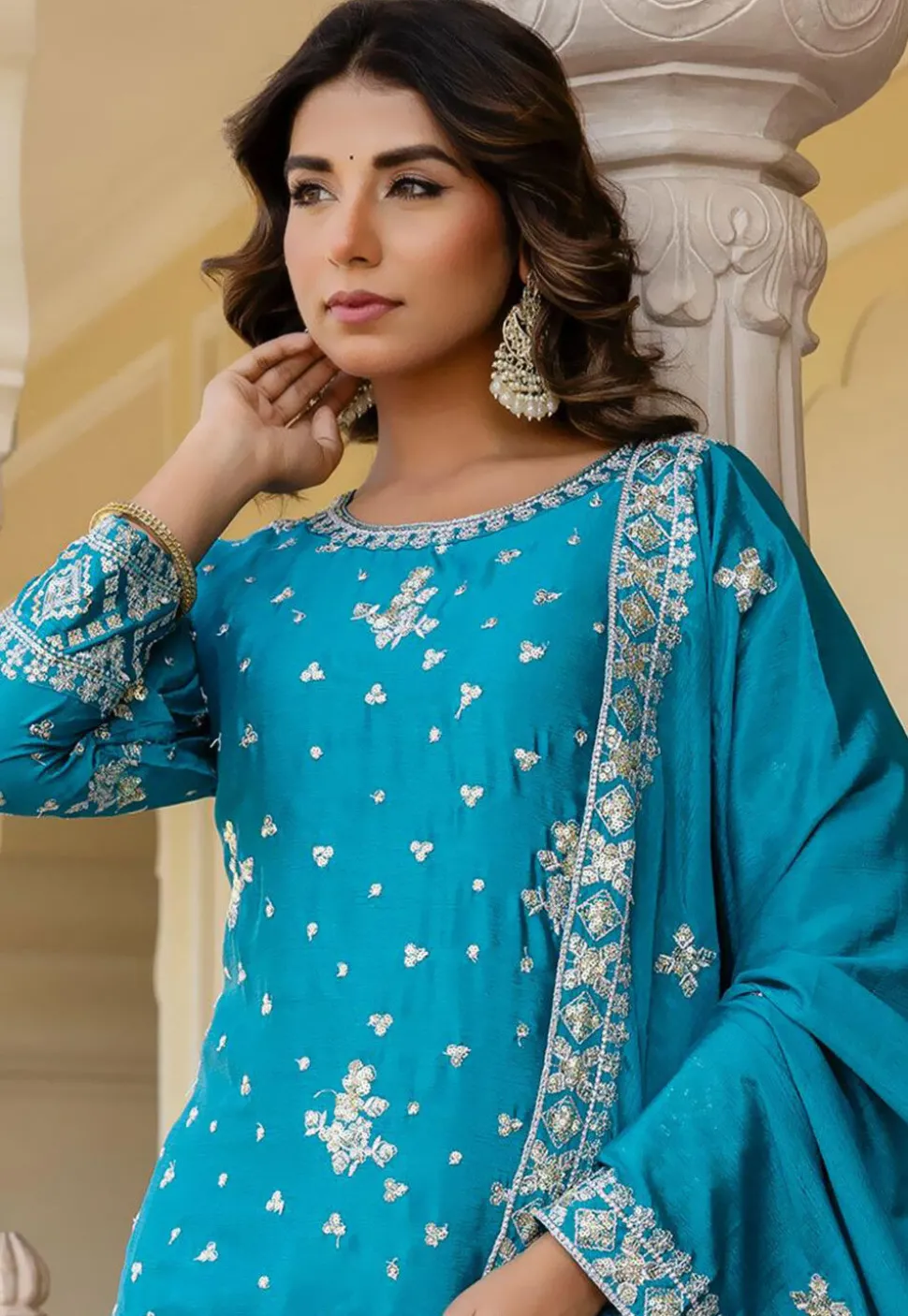 Embroidered Chinon Silk Pakistani Suit in Blue
