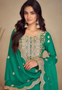 Embroidered Chinon Silk Pakistani Suit in Teal Green