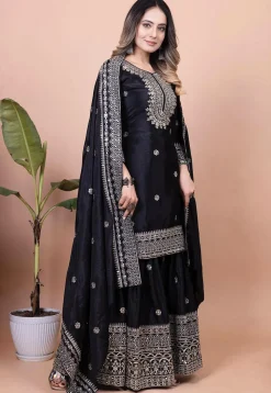 Embroidered Chinon Silk Pakistani Suit in Black