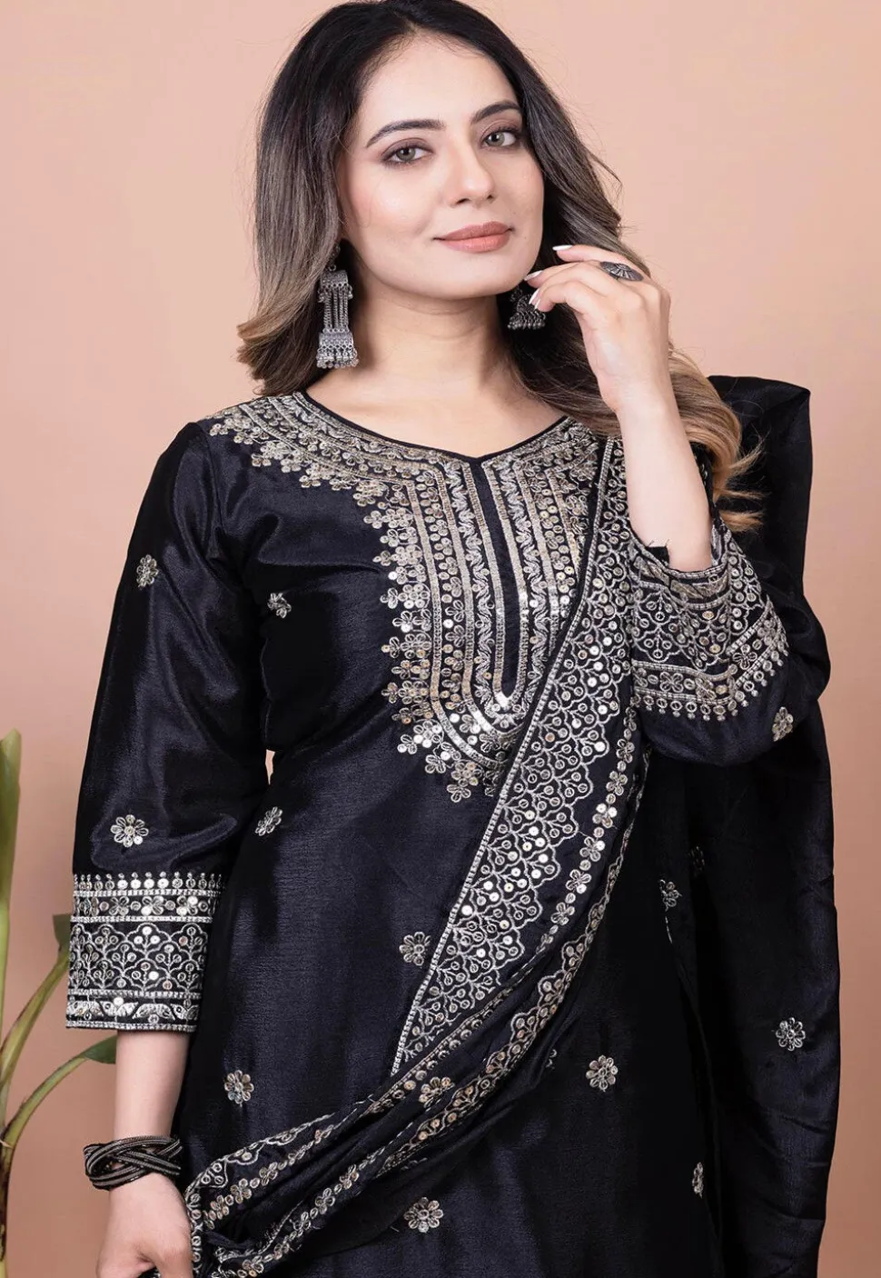 Embroidered Chinon Silk Pakistani Suit in Black