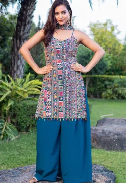 Embroidered Chinon Silk Pakistani Suit in Teal Blue