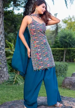 Embroidered Chinon Silk Pakistani Suit in Teal Blue