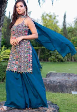 Embroidered Chinon Silk Pakistani Suit in Teal Blue