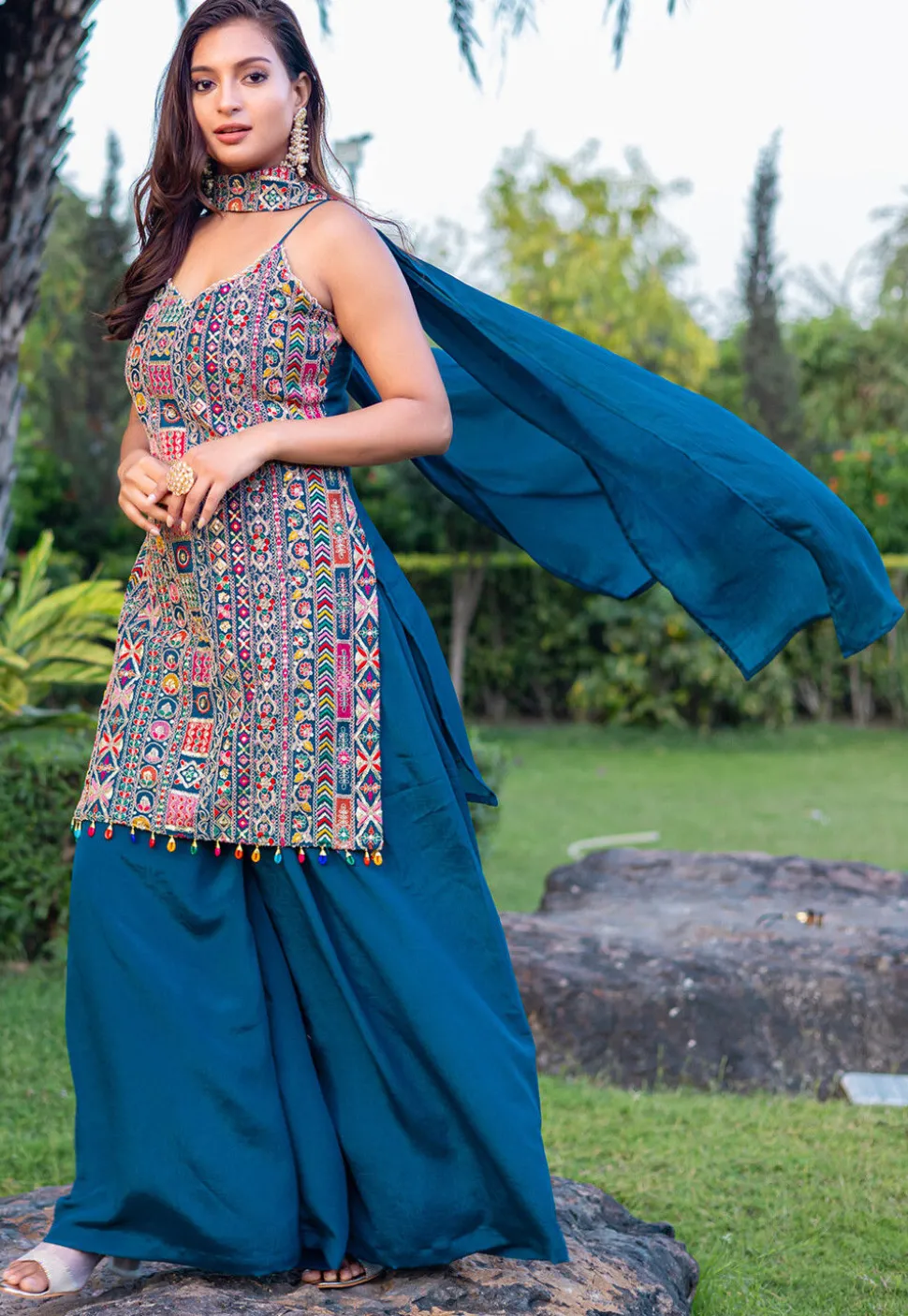 Embroidered Chinon Silk Pakistani Suit in Teal Blue