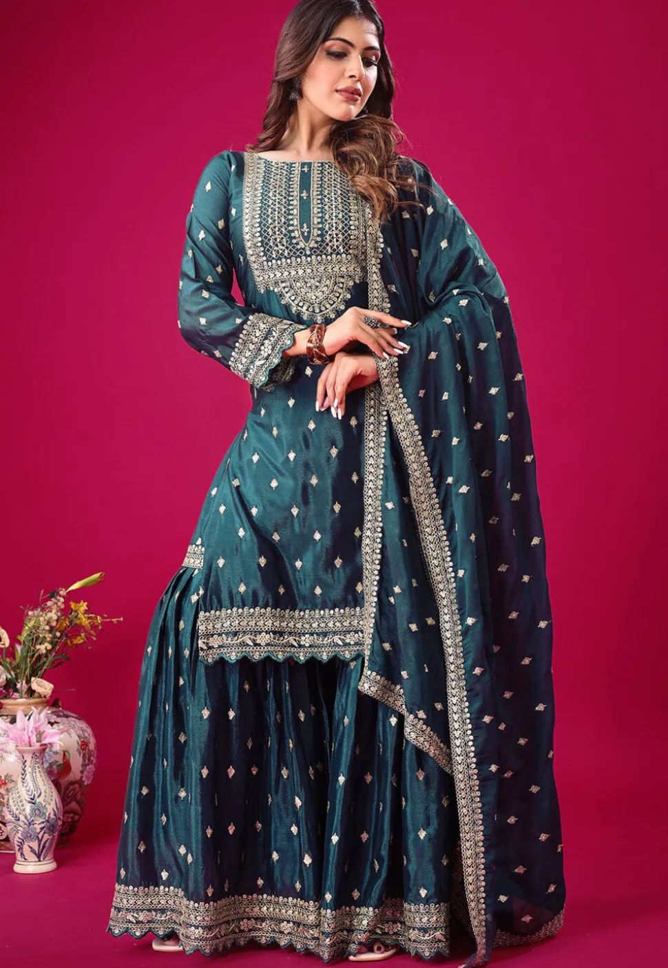 Embroidered Chinon Silk Pakistani Suit in Teal Blue