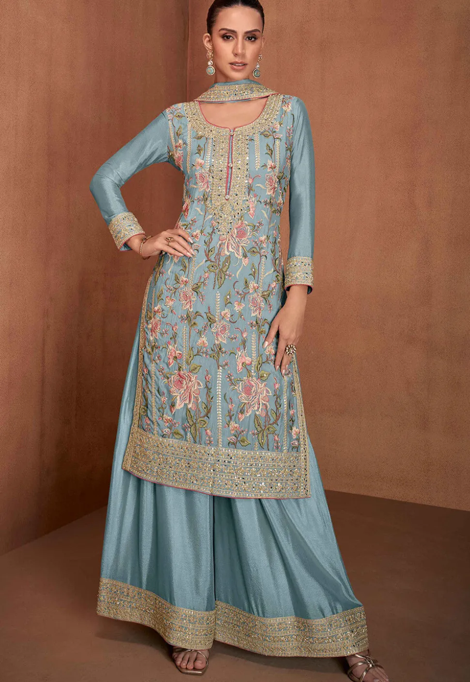 Embroidered Chinon Silk Pakistani Suit in Blue