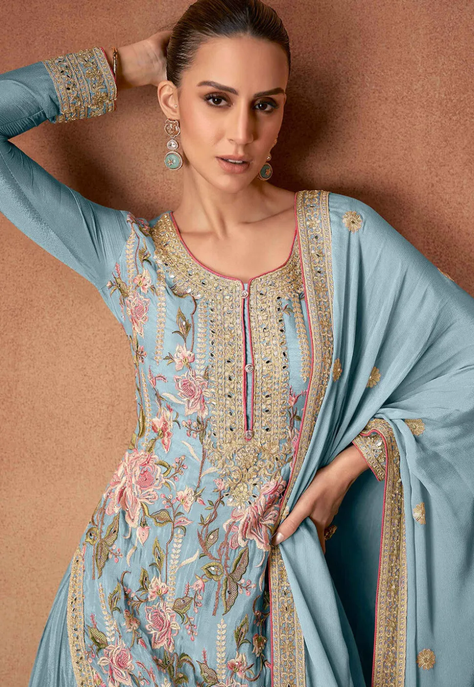 Embroidered Chinon Silk Pakistani Suit in Blue