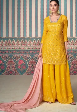 Embroidered Chinon Silk Pakistani Suit in Mustard