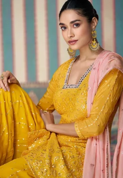 Embroidered Chinon Silk Pakistani Suit in Mustard