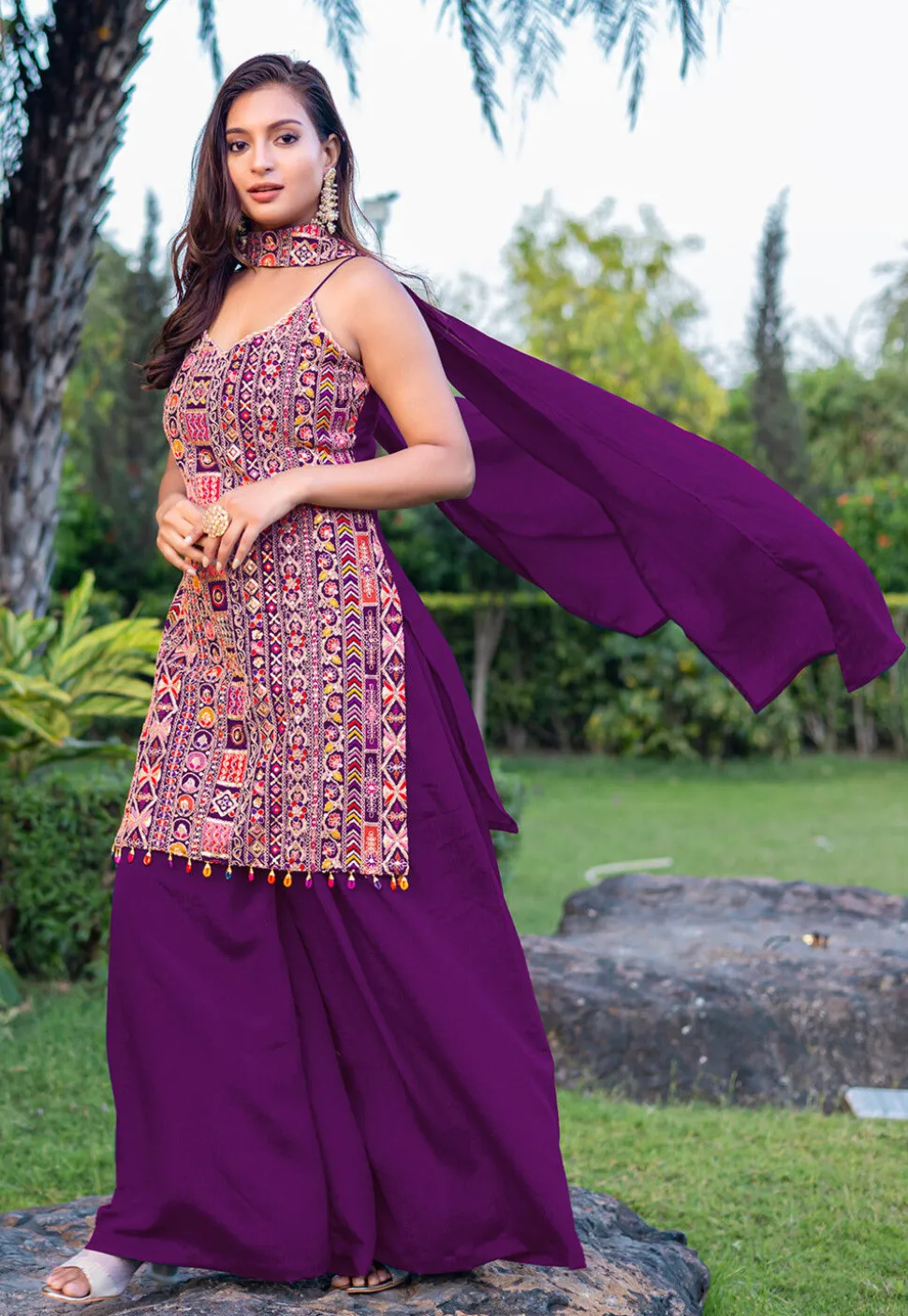 Embroidered Chinon Silk Pakistani Suit in Purple