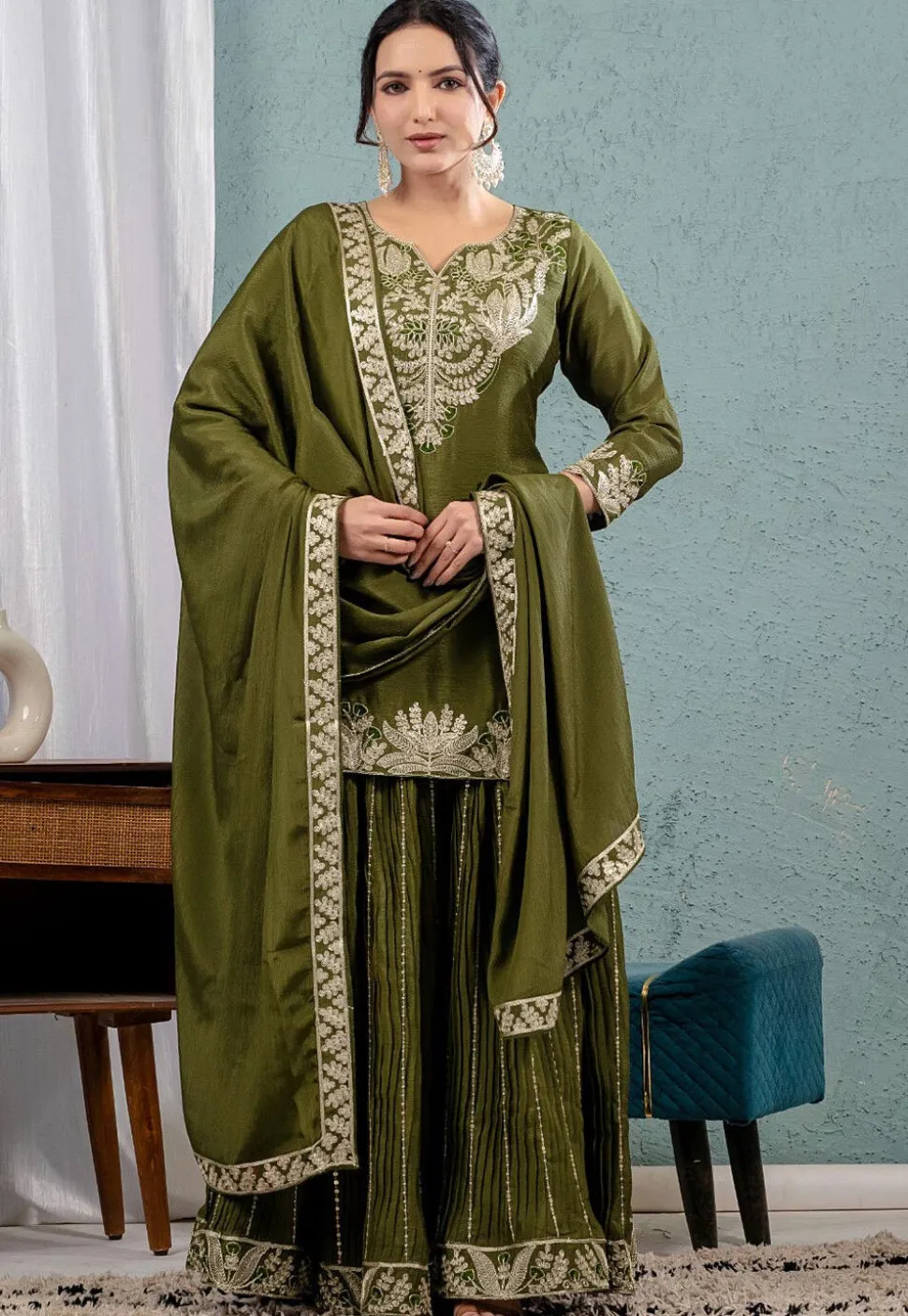Embroidered Chinon Silk Pakistani Suit in Olive Green
