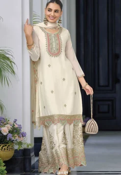 Embroidered Chinon Silk Pakistani Suit in Off White