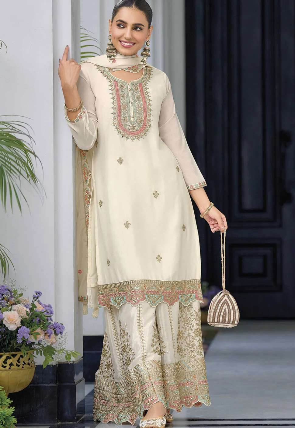 Embroidered Chinon Silk Pakistani Suit in Off White