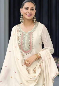Embroidered Chinon Silk Pakistani Suit in Off White