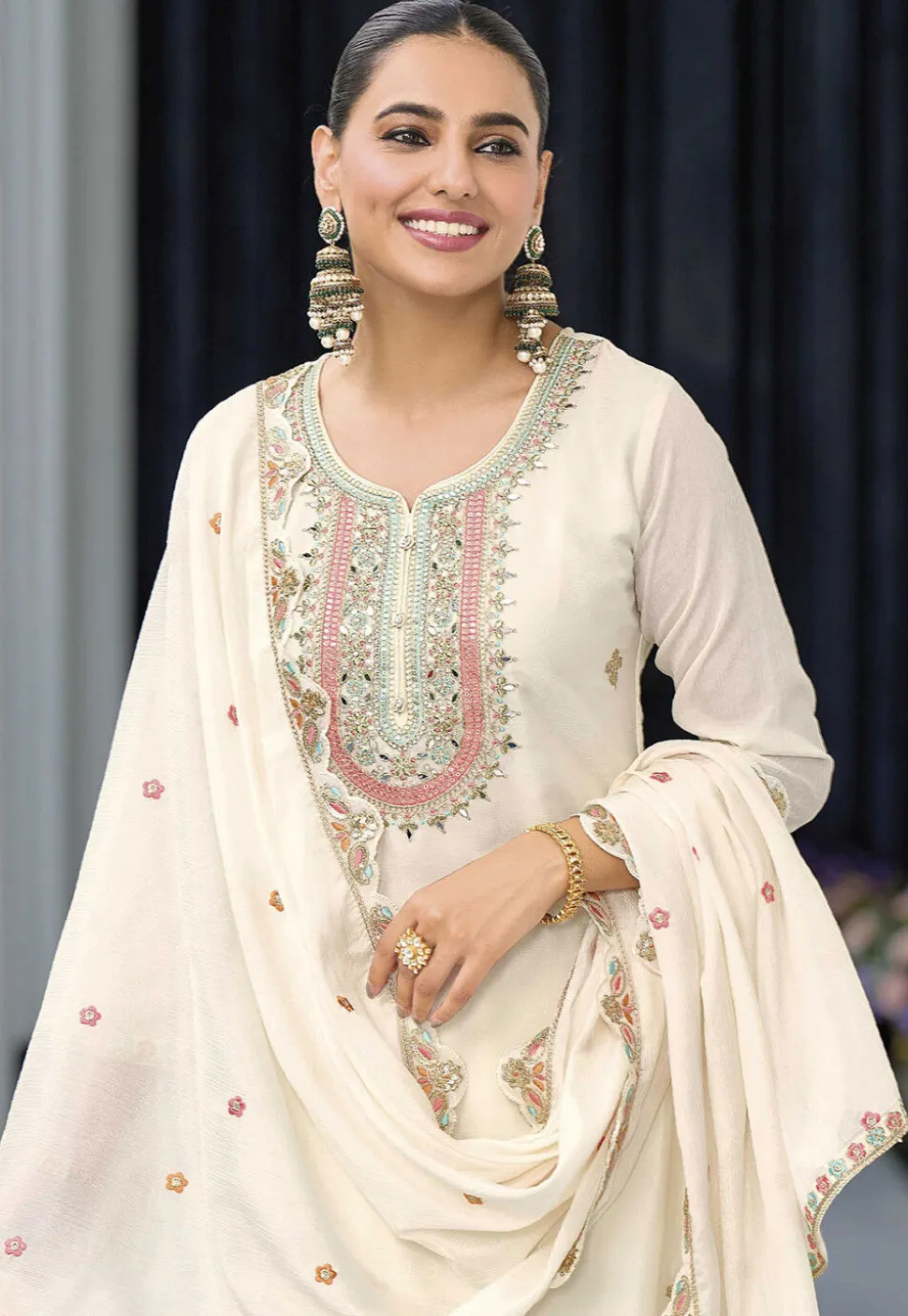 Embroidered Chinon Silk Pakistani Suit in Off White