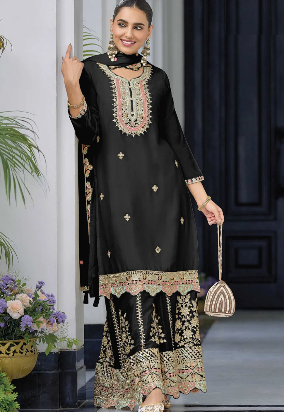 Embroidered Chinon Silk Pakistani Suit in Black