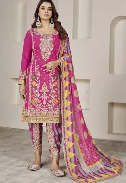 Embroidered Chinon Silk Punjabi Suit in Pink