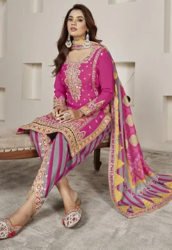Embroidered Chinon Silk Punjabi Suit in Pink