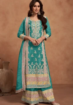 Embroidered Chinon Silk Pakistani Suit in Teal Blue