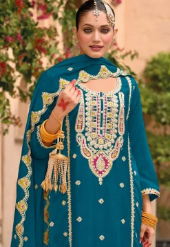 Embroidered Chinon Silk Pakistani Suit in Teal Blue