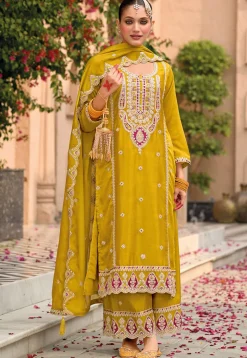 Embroidered Chinon Silk Pakistani Suit in Yellow