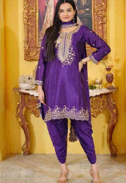 Embroidered Chinon Silk Punjabi Suit in Purple