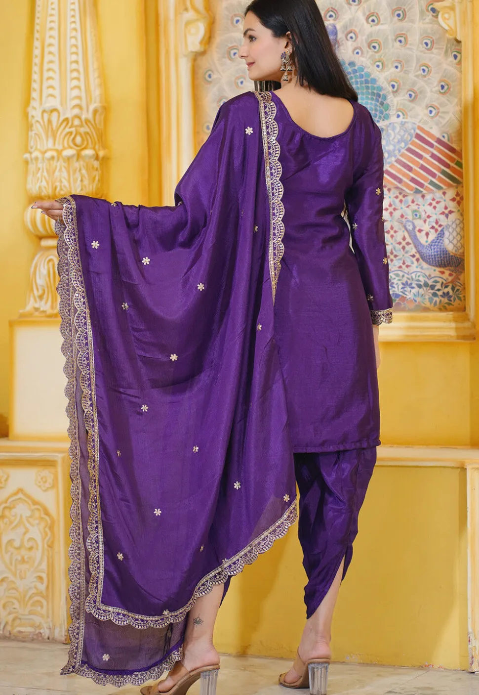 Embroidered Chinon Silk Punjabi Suit in Purple