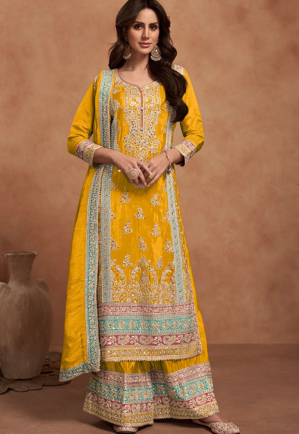 Embroidered Chinon Silk Pakistani Suit in Yellow