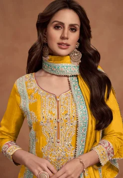 Embroidered Chinon Silk Pakistani Suit in Yellow