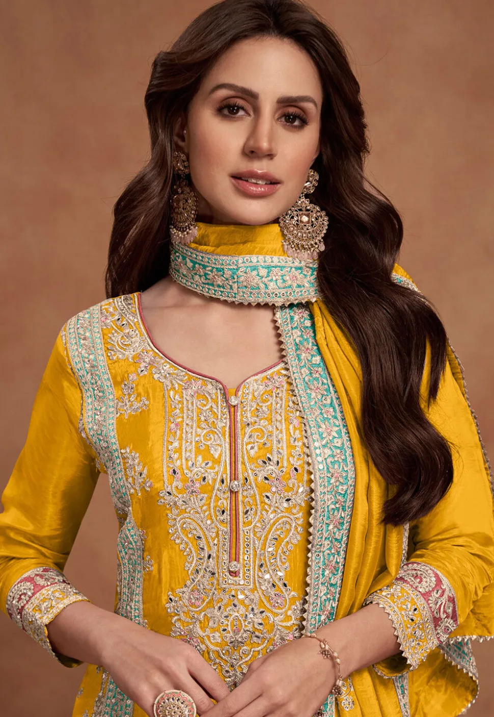 Embroidered Chinon Silk Pakistani Suit in Yellow