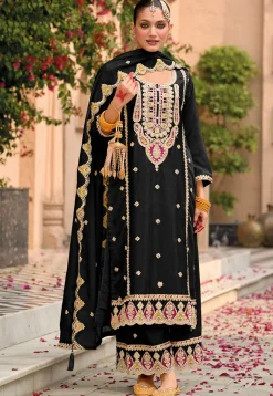 Embroidered Chinon Silk Pakistani Suit in Black