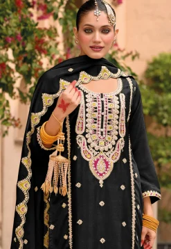 Embroidered Chinon Silk Pakistani Suit in Black