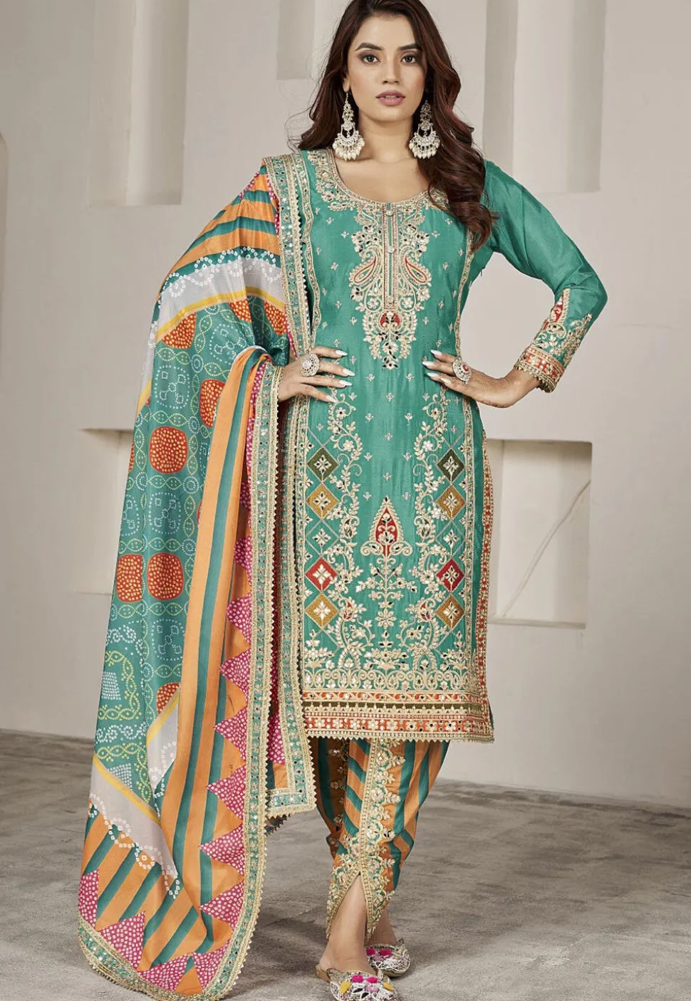 Embroidered Chinon Silk Punjabi Suit in Sea Green