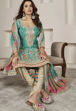 Embroidered Chinon Silk Punjabi Suit in Sea Green