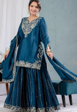 Embroidered Chinon Silk Pakistani Suit in Teal Blue